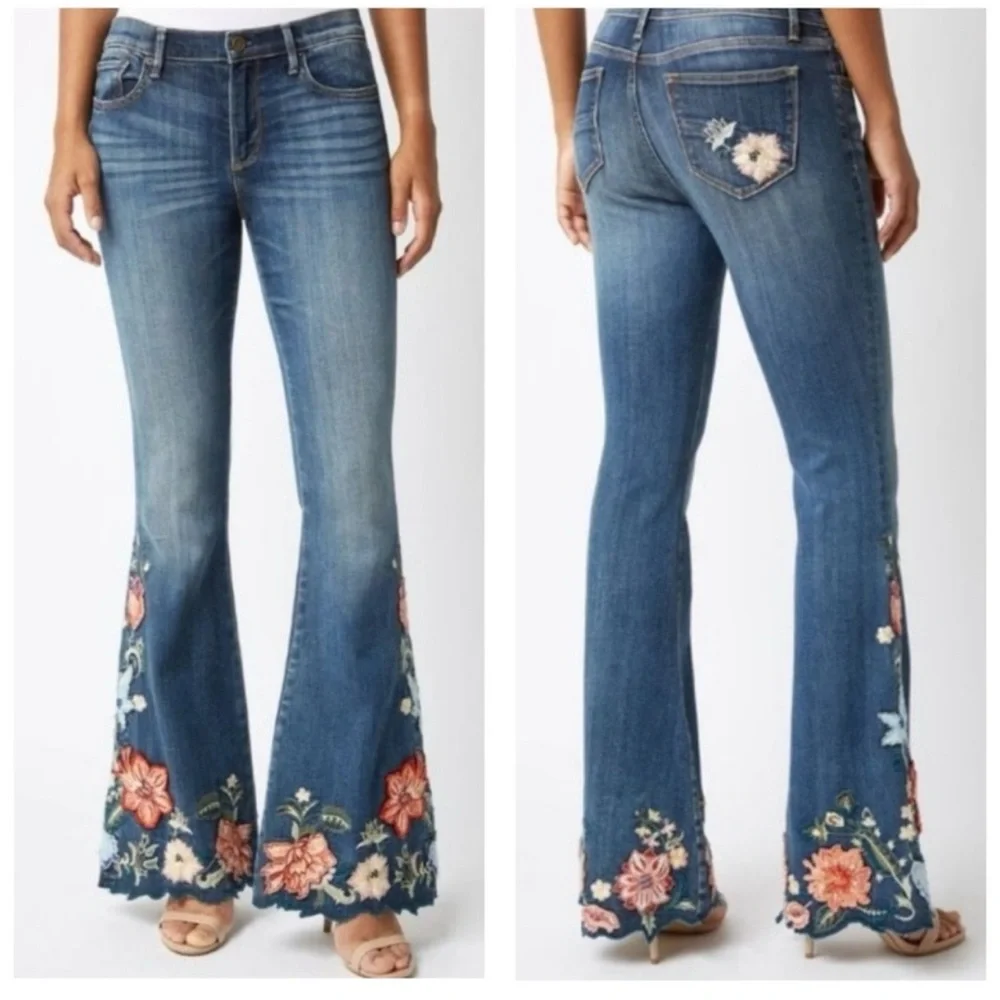 DRIFTWOOD Blue Flare Jeans with Floral Embroidery - Picture 1 of 12